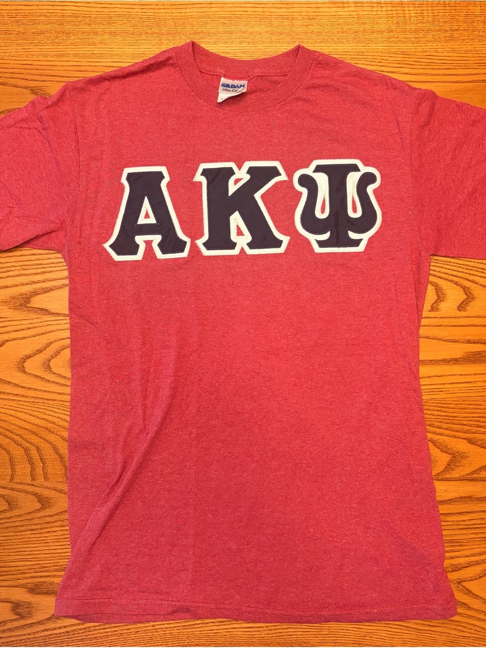 Vintage Alpha Kappa Psi Gildan Heathered Red Crewneck Tee with Navy Blue Letters